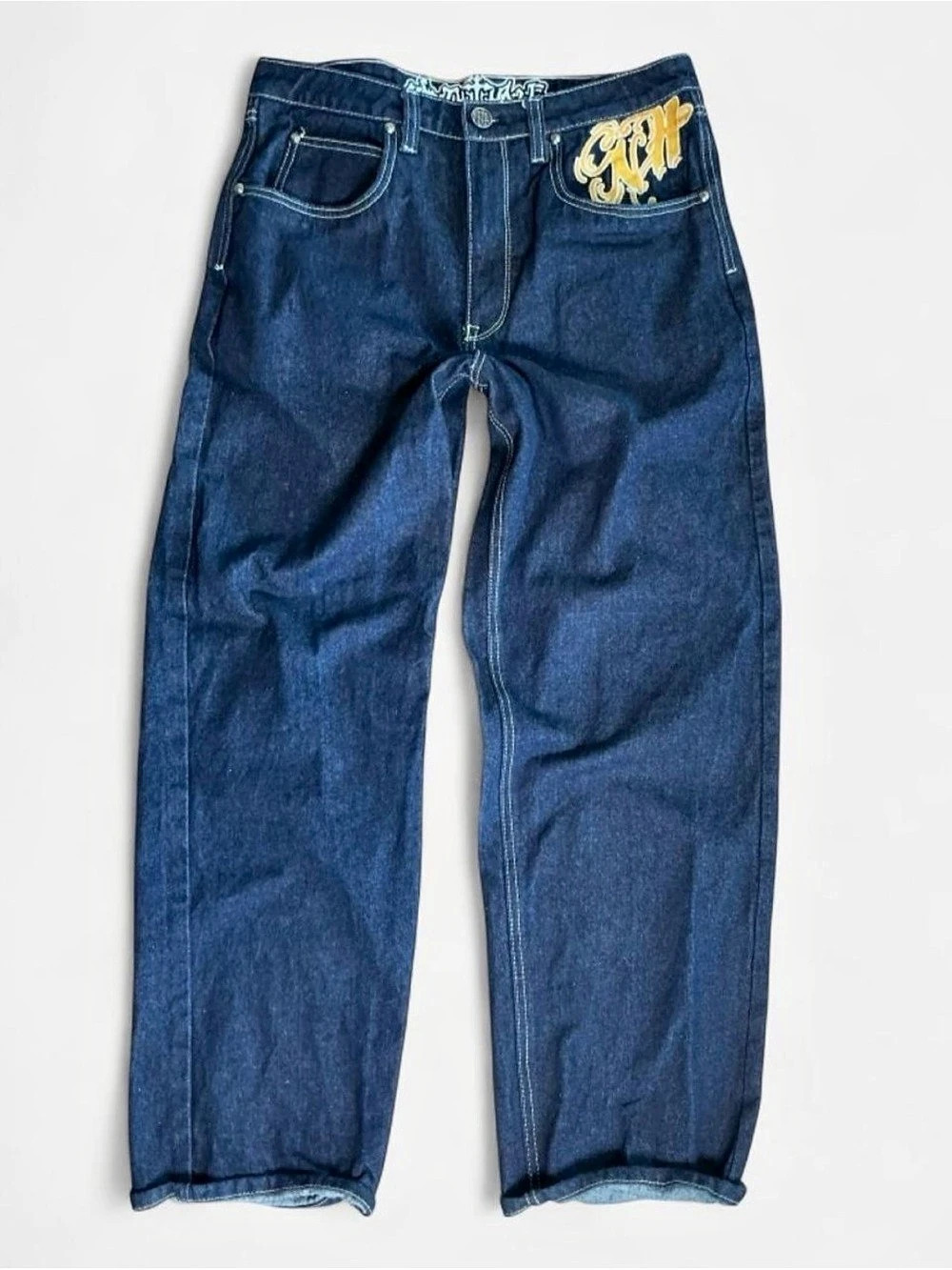 Ninth Hall Ambush Xenorth Baggy Embroidered Jeans Size 32 Raw Indigo Y2K
